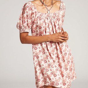 Volcom NWT Mushroom & Red Floral Harley J Smocked Puff Sleeve Shift Dress SMALL